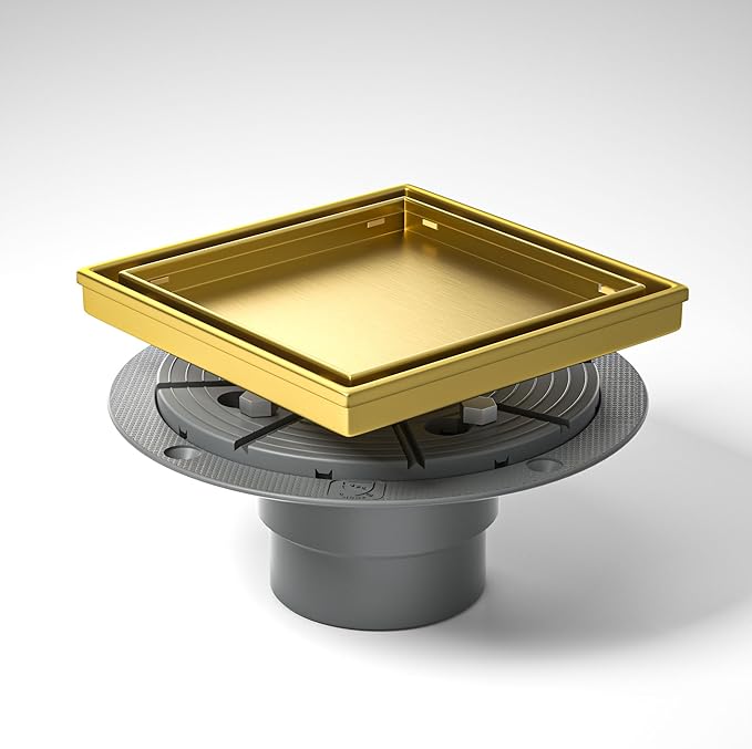 Square Shower Drain 6" with 2" PVC Flange Base, 304 Stainless Steel Tile in Floor Drain w/Tiled Insert Grate & Hair Catcher, CUPC Certified(Brushed Gold, 6'')