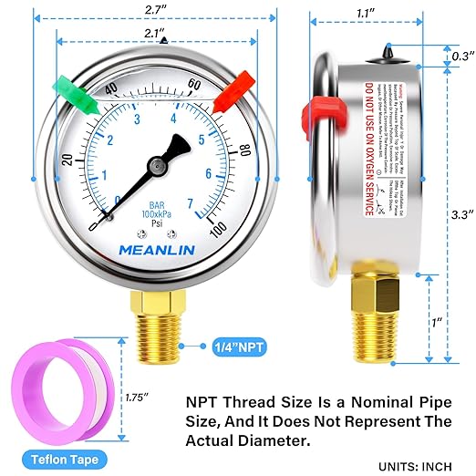 MEANLIN MEASURE 0~100Psi Liquid Filled Pressure Gauge 1/4" NPT 2.5" FACE DIAL Stainless Steel Glycerin Filled WOG Water Oil Air Lower Mount (with 2PCS Snaps)