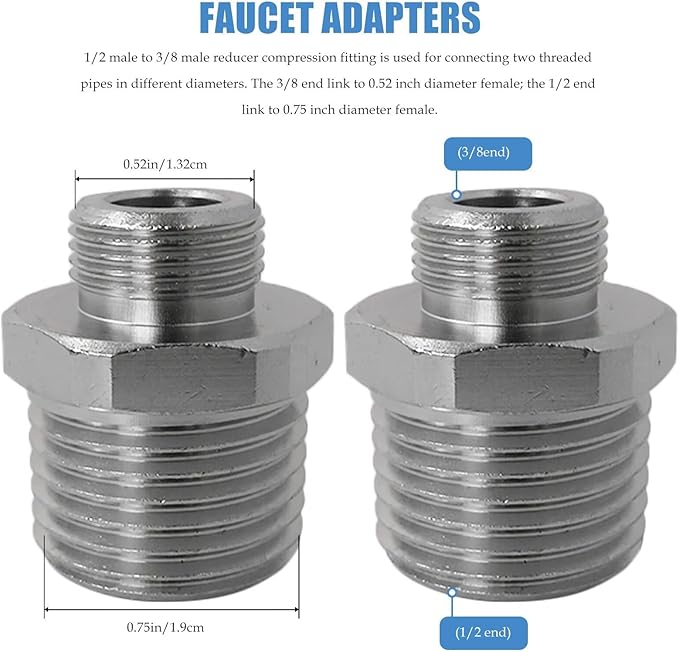 1/2 to 3/8 Inch Male Reducer Adapter, Solid Brass Compression Fitting with Rubber Washer for RV Kitchen & Bathroom Faucet Hose, 2 Pack