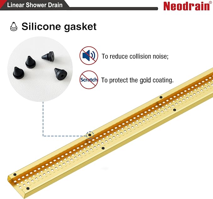 Neodrain 36-Inch Brushed Brass Linear Shower Drain with Removable Quadrato Pattern Grate,304 Stainless Steel Gold Rectangle Shower Floor Drain,Linear Drain with Hair Strainer