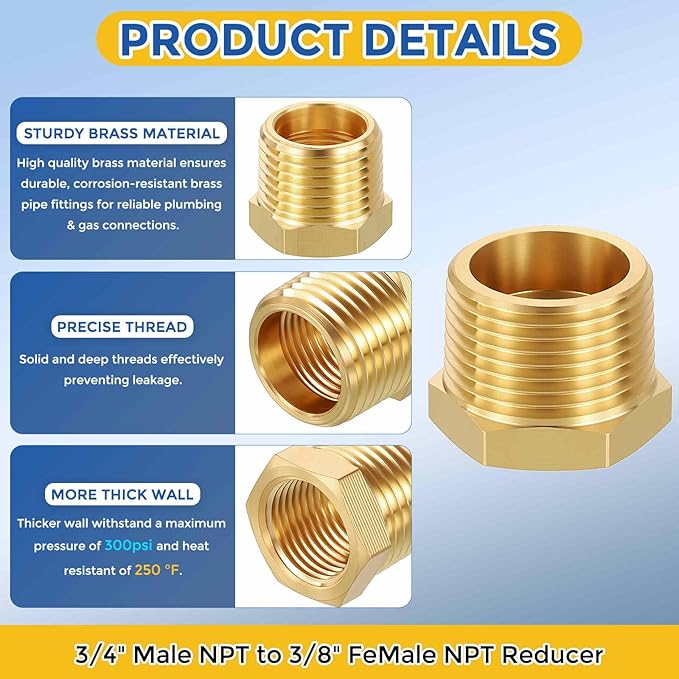 1 Pack Brass Pipe Fittings, 3/4" Male NPT to 3/8" FeMale NPT Brass Hex Bushing Reducer, Hose Tube Threaded Adapter for Air, Oil, LP