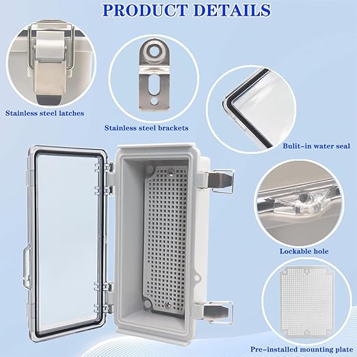 Waterproof Electrical Box with Mounting Plate, IP67 Junction Box Stainless Steel Latch Hinged Clear Cover Project Enclosure with Wall Bracket and 2 Glands 10.2" x 4.3" x 3"