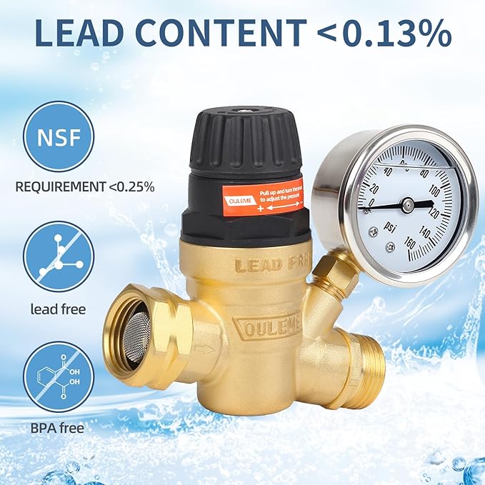 OULEME RV Water Pressure Regulator Valve with Handle Adjustable, Silicone Oil Gauge, Double Filters, Brass Lead-Free and 3/4" Connector for Camper Travel Trailer Water Pressure Control