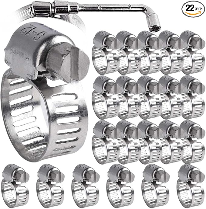 22 Pack Stainless Steel Hose Clamps - Adjustable 1/4" - 7/16" (6-12mm) Worm Gear Hose Clamps with a Socket Wrench for Plumbing,Automotive And Mechanical Application