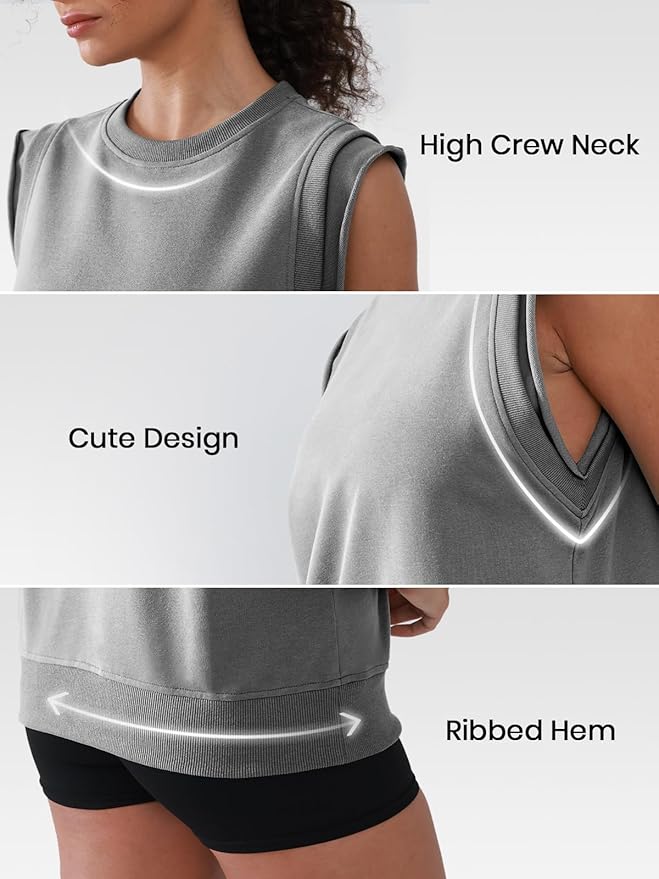 Workout Tank Tops Woman Crew Neck Athletic Tops Cotton Sweatshirt Loose Fit Muscle Tanks Runnning Gym Sports Shirt