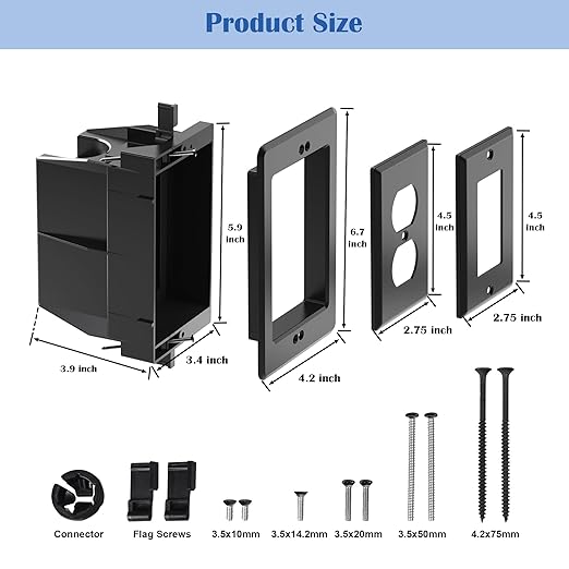 Recessed Outlet/Electrical Box Single Gang, for Wall Mount TV, Antenna, Phone and Cable TV, Suitable for GFCI Outlet and Standard Outlet, for Old or New Construction (Black)