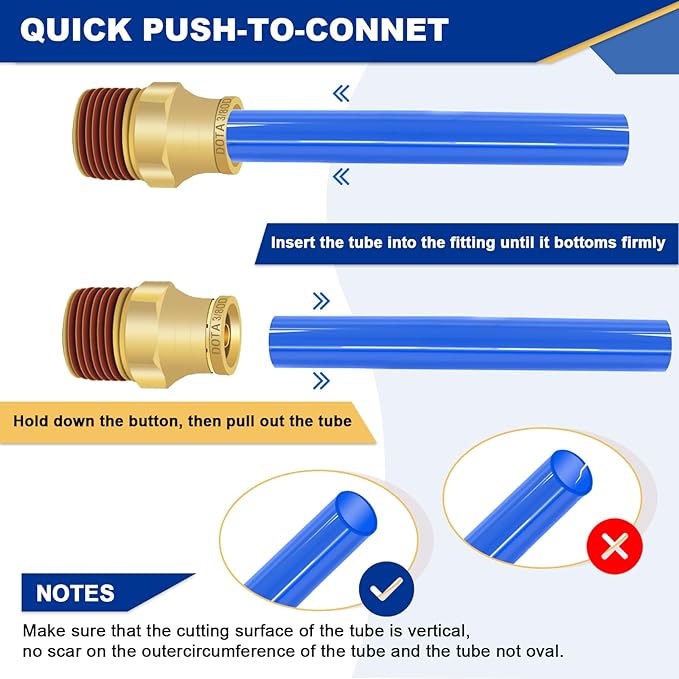 3/8" Brass Push to Connect DOT Air Brake Fittings, 3PCS Air Line Quick Connect Fittings 3/8" Tube OD x 3/8" NPT Connector Tube to Male Pipe for Truck Trailers Air Brake System