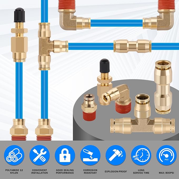 CheeMuii 76 PCS Brass DOT Air Line Fittings with 100FT 1/4" and 50FT 3/8" Blue DOT Air Lines Kit Push Lock Air Line Quick Connect Fittings with Pneumatic Tubing Set