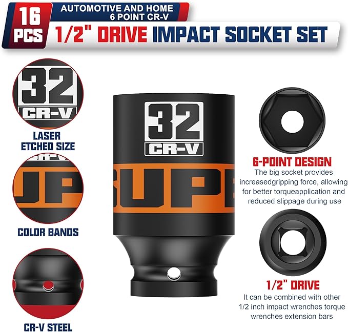 16 Piece 1/2" Drive Impact Socket Set, 10-32 mm Thicker Deep Sockets, Metric Socket Set, 6-Point, Cr-V, Automotive and Home