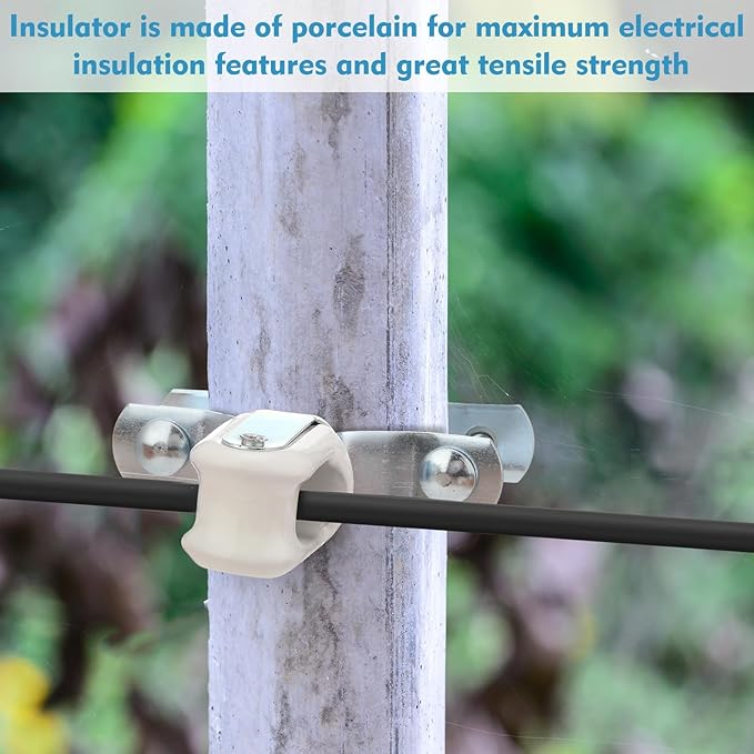 Blulu Heavy Duty Wire Holder, Adjustable Porcelain Wire Holder, 1-1/4" - 3" Adjustable Bracket, Steel Clamp Fits Around Any Pipe or Pole, Ceramic Head for Cables or Wires as an Insulator