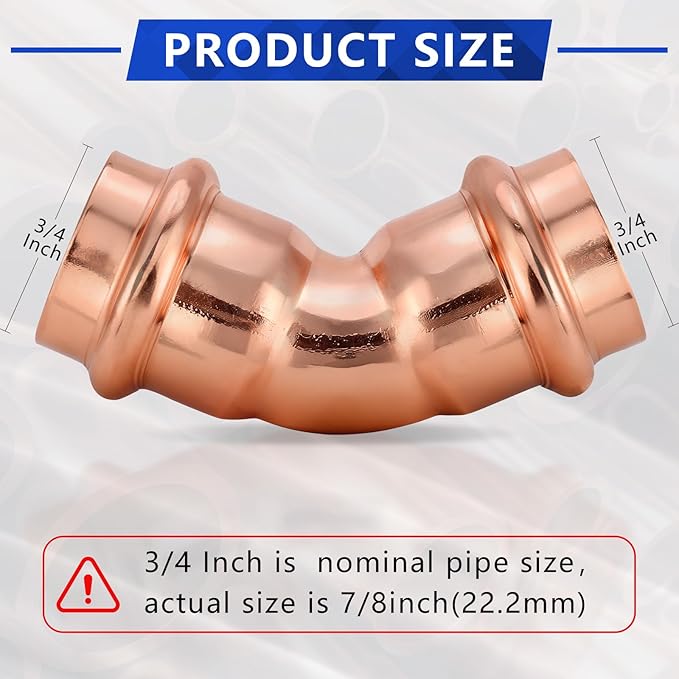 Copper Press Fittings 3/4 Inch 45-Degree Elbow, No-Lead Plumbing Pipe Connector | Compatible with Copper Pipes, Water Supply & Hydronic Heating Systems | Durable Press Fit Design, 10-Pack