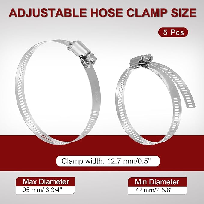MECCANIXITY 3 Inch Stainless Steel Hose Clamp, Worm Gear Clamp Adjustable 2 5/6"-3 3/4"(72-95mm) Fuel Line Hose Clamps Duct Clamp for Pipe Plumbing Automotive Mechanical (Pack of 5)
