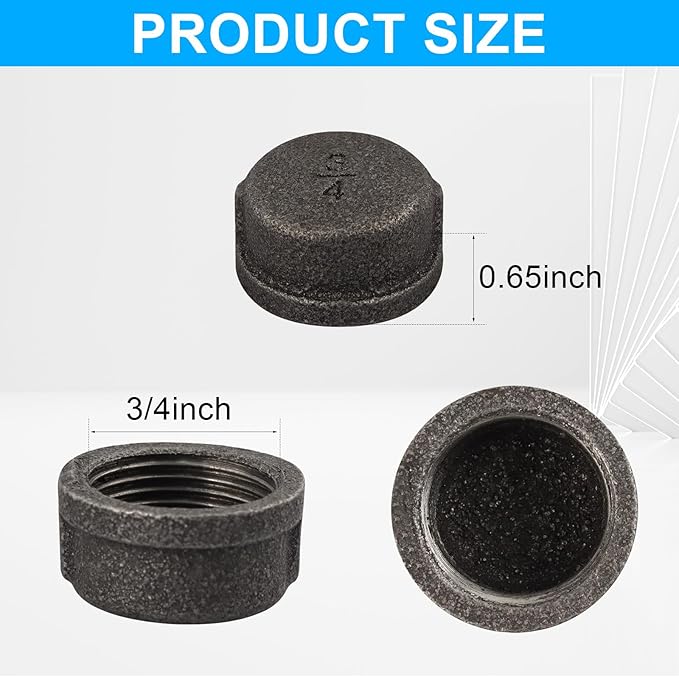 10 Pack 3/4 inches Cap Malleable Cast Iron Pipe, Industrial Pipe for Threaded Black Pipes and Fittings, DIY Steampunk Industrial Vintage Style.