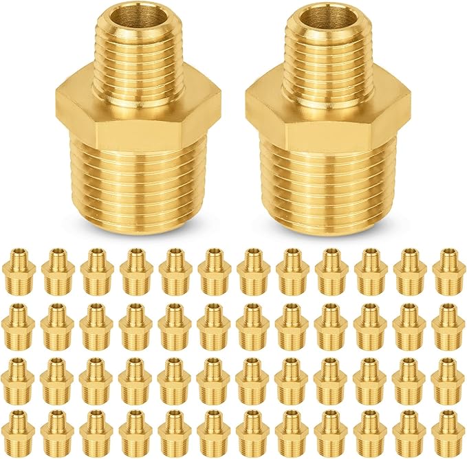 50-PCs HeSun Brass Hex Nipple Pipe Fitting, 1/2" NPT Male x 1/4" NPT Male Hex Pipe Adapter