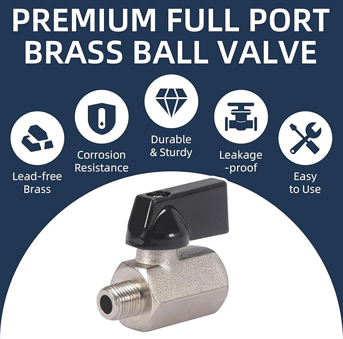10 Pack 1/8'' Mini Brass Ball Valve 1/8 Inch Female x Male Threaded NPT Ball Valve Shut-Off Valve Plumbing Fitting for Water Oil Gas