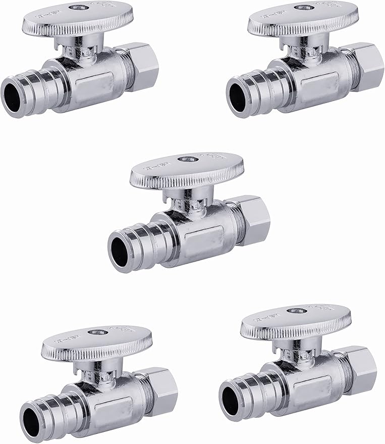 (Pack of 5) EFIELD Pex-A 1/4 Turn Straight Stop Valve 3/8" OD Compression x 1/2" Pex Expansion (F1960) Chrome Plated Brass,(VALVE098-5PCS)