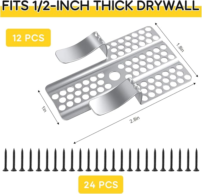 12pcs Drywall Repair Clips, Stainless Steel Wall Patch Clips with 24 Screws, Fits 1/2" Panels, for Damaged Walls Repairing