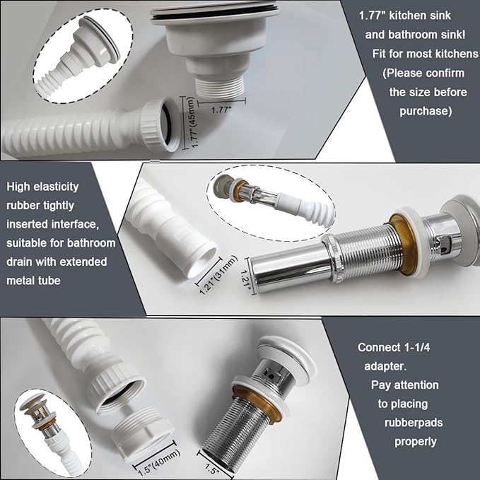 White Flexible Expandable Bathroom P Trap, 1 1/4 to 1 1/2 Sink Drain Adapter Included, Wash Basin Rubber Tips Sink Drain Pipe, Universal Extension Tube for Kitchen Bathroom Sink Sewer Drain