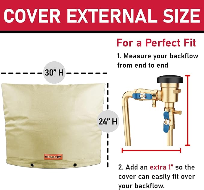 Redford Supply Co. Cold Snap (5°F) Backflow Preventer Insulation Cover, 30"W x 24"H, Pipe Insulation, Water Sprinkler Covers for Outside, Sprinkler Backflow Cover for Winter, Well Pump Bag (Beige)