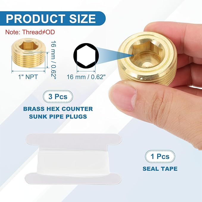 PATIKIL 1" NPT Male Pipe Plug Fitting, 1Pcs Brass Hex Counter Sunk Plug Brass Male Connector Socket for Closing the End of Pipe Industrial Machinery Fittings
