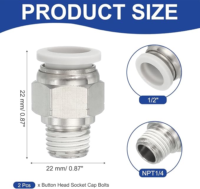 MECCANIXITY 2 Pcs NPT Push to Connect Air Fittings, Male Straight 1/2" Tube OD x 1/4" NPT Thread Air Quick Connector Coupling Adapter for Gas Hose Pneumatic Tools White