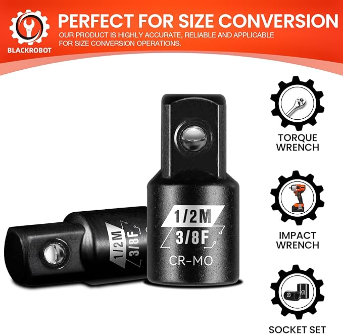 BLACKROBOT 2 Piece 3/8”F To 1/2”M Impact Socket Adapter Set,SAE Drive Cr-Mo Steel Exceeds ANSI Standards,Square Drive Reducer for Impact Driver Wrench
