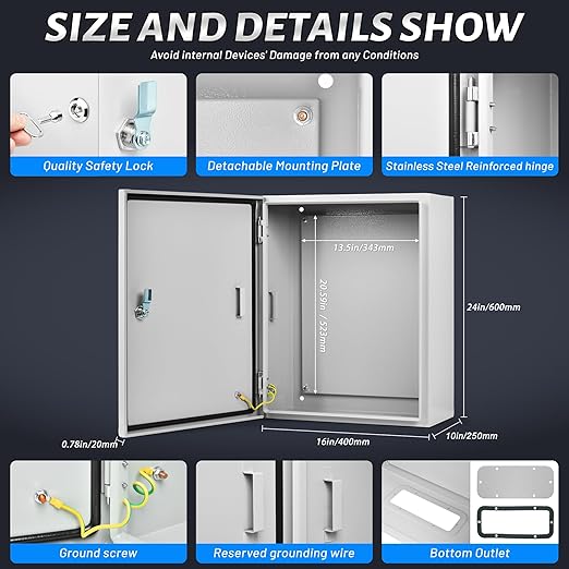 Steel Electrical Junction Box, 24 x 16 x 10 inch Waterproof & Dustproof Electrical Enclosure, Outdoor & Indoor Universal Project Box with Lock & Mounting Plate