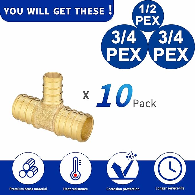 (10 Pack) Lidertik Pex Fittings Reducing Tee Brass Crimp Pipe, 3/4" * 3/4" * 1/2" PEX-B Brass LI-APXT343412(10 Pieces)
