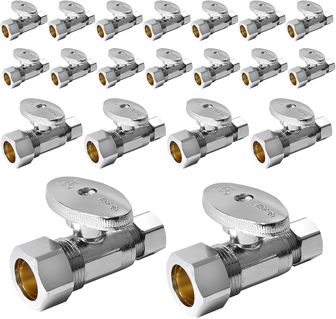 20-Pack EFIELD Straight Stop Valve 1/2" Nominal (5/8" OD) Compression x 3/8" OD, 1/4-Turn, Chrome Plated Brass,(VALVE122-20PCS)