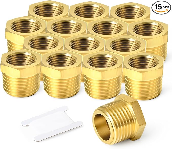 TAISHER 15PCS Brass Reducer Hex Bushing Threaded Pipe Fitting 1/2" NPT Male x 3/8" NPT Female Adapter