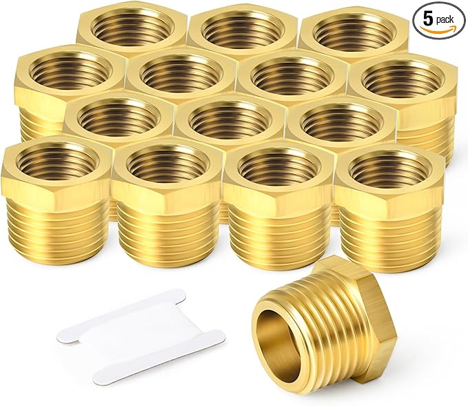 TAISHER 5PCS Brass Reducer Hex Bushing Threaded Pipe Fitting 1/2" NPT Male x 3/8" NPT Female Adapter