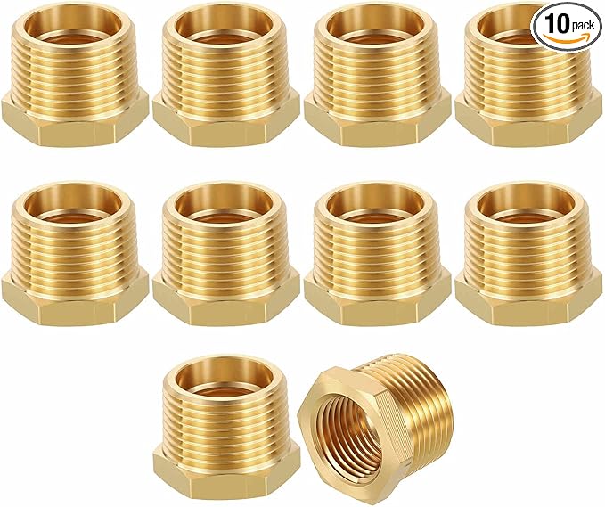 10 Pack Brass Pipe Fittings, 3/4" Male NPT to 1/2" FeMale NPT Brass Hex Bushing Reducer, Hose Tube Threaded Adapter for Air, Oil, LP