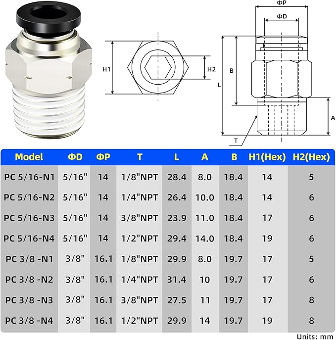 TAILONZ PNEUMATIC Elbow and Straight Combination 5/16 Inch Tube OD x 3/8 Inch NPT Thread Push to Connect Fittings PC-5/16-N3+PL-5/16-N3(Pack of 12)