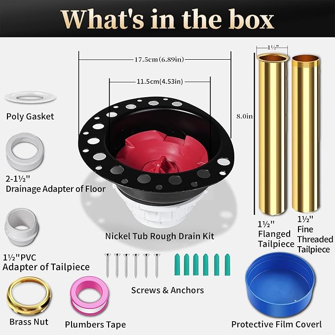 PVC Freestanding Tub Drain Rough-in Kit, Bathtub Drain Kit for Island Bathtubs, PVC Plastic Adapter and Brass Tail Pipes, Compatible with Free Standing Tub Drain, Floor Mounted Bathtubs