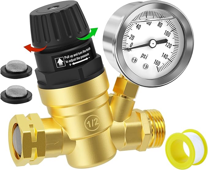 Water Pressure Regulator for RV and Garden Lead-Free Brass Adjustable Water Pressure with 0-160 PSI Silicone Oil Gauge and Screen Filter Use in Camper, Trailer, RV Plumbing System