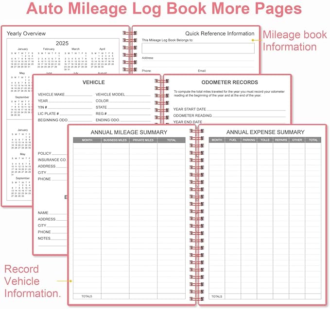 Auto Mileage Log Book for Taxes,Vehicle Maintenance Log Book, Mileage Tracker for Car with Mileage, 5.8" x 8.5", Pink