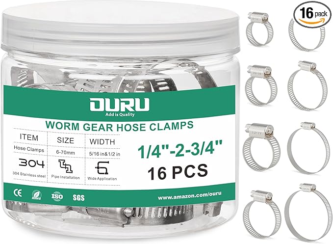 16PCS Hose Clamps Stainless Steel Adjustable 1/4"– 2-3/4"(6-70mm) Worm Gear Hose Clamp, Heavy Duty Metal Small Hose Clamps for Automotive, Pipe, Radiator Plumbing, Fuel Line