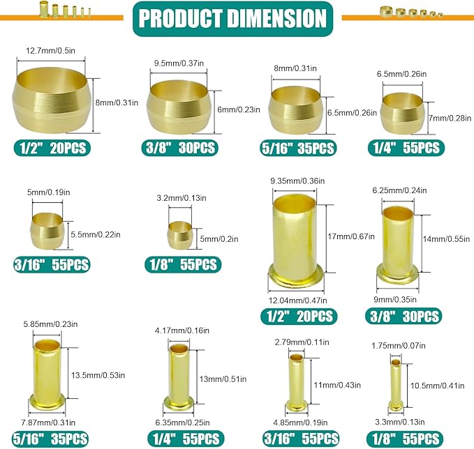 500PCS Brass Compression Sleeves Ferrules Inserts Kit 1/2" 3/8" 5/16" 1/4" 3/16" 1/8" Tube OD, 6 Sizes Air line Fittings Assortment Kit for Air Water Fuel Oil and Inert Gases Line