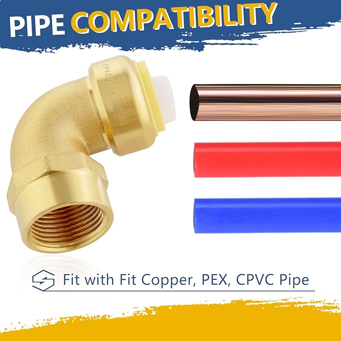 Push-fit Female Elbow,3/4" x 3/4" FNPT Female Threaded Elbow with Disconnect Clip, Push Fittings for Copper, PE-RT, CPVC Pipe(Pack of 10)