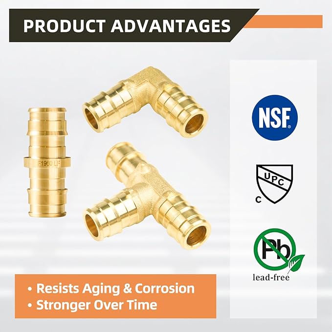 12-Pack YVSKM 1/2" PEX-A Fittings Set – 3 Tee, 4 Elbow, 5 Coupling, ASTM F1960 Expansion Fittings,No Lead Brass, Compatible with PEX-A Tubing, Residential Hot & Cold Water and Radiant Heating Systems