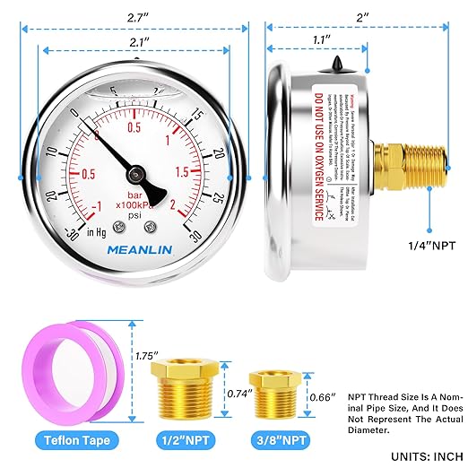 MEANLIN MEASURE -30inHG~30Psi Stainless Steel 1/4" NPT 2.5" FACE DIAL,Vacuum Pressure Gauge,Center Back Mount, with 1/4" x 1/2" NPT and 1/4" x 3/8" NPT Hex Bushing