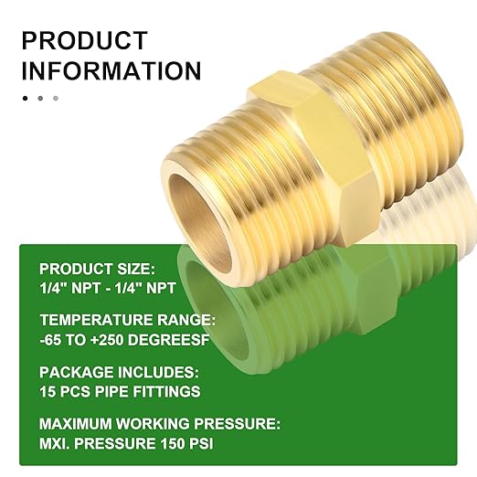 TAISHER 15PCS Brass Pipe Fitting, Reducer Adapter, Hex Nipple, 1/4-Inch Male Pipe x 1/4-Inch Male Pipe