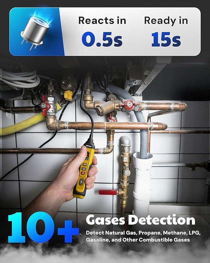 AGT-1988PRO Rechargeable Natural Gas Detector, Gas Leak Detector with 6.9-Inch Neck, TFT Color Display, 0–9999PPM Range for Combustible Leaks Like Propane, Methane for Home & RV - Yellow