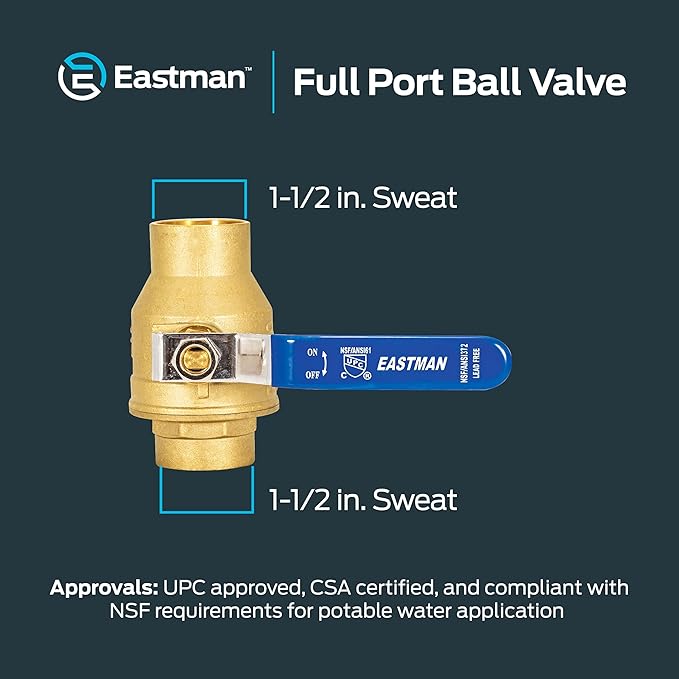 Eastman Heavy Duty Full Port Brass Ball Valve, 1-1/2 in Sweat x 1-1/2 in Sweat Connection, 20069LF