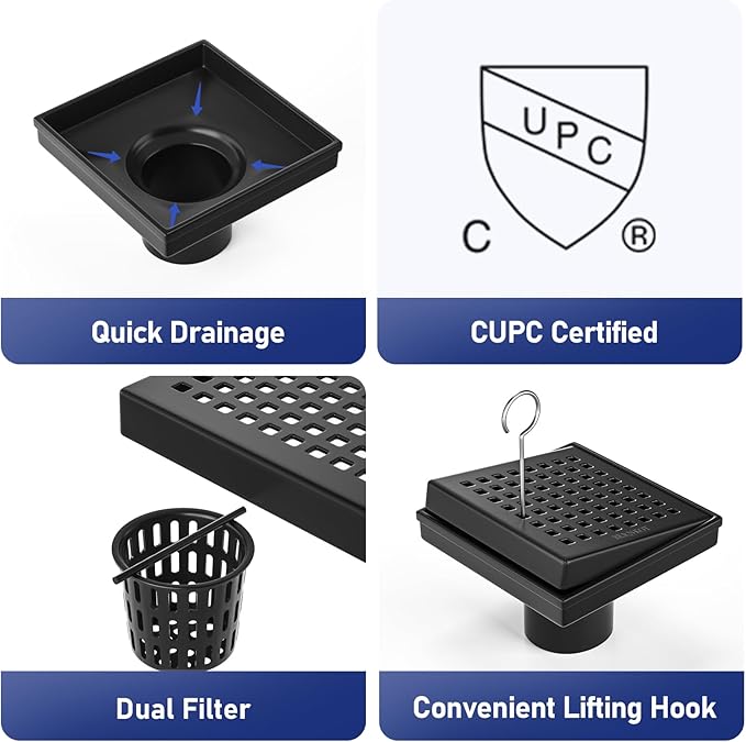 Square Shower Drain 4", 304 Stainless Steel Floor Drain w/Hair Strainer, Grid Shower Drain w/CUPC Certified (Matte Black, 4 Inch)