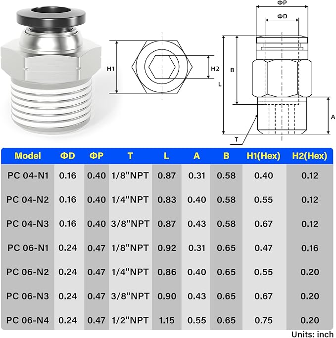 TAILONZ PNEUMATIC Male Straight 6mm Tube OD x 1/2 Inch NPT Thread Push to Connect Fittings PC6-N4 (Pack of 10)