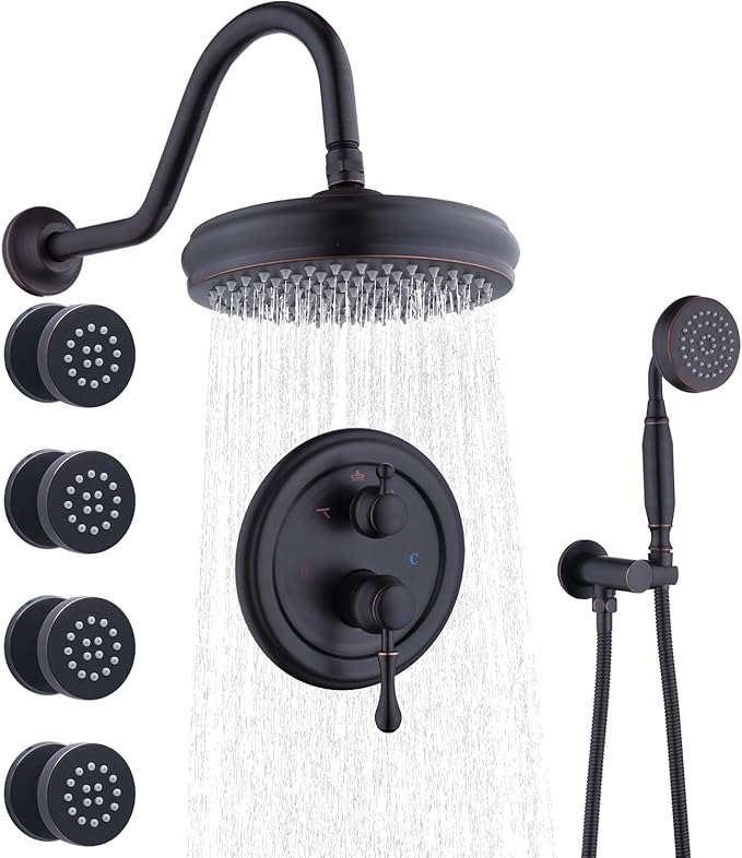 ENGA Antique Shower Faucet Sets Complete Oil Rubbed Bronze Shower System with Jets 8 inch Rainfall Head and Handheld Spray Fixtures Combo, 3 Way Diverter Brass Rough in Valve Trim Kit