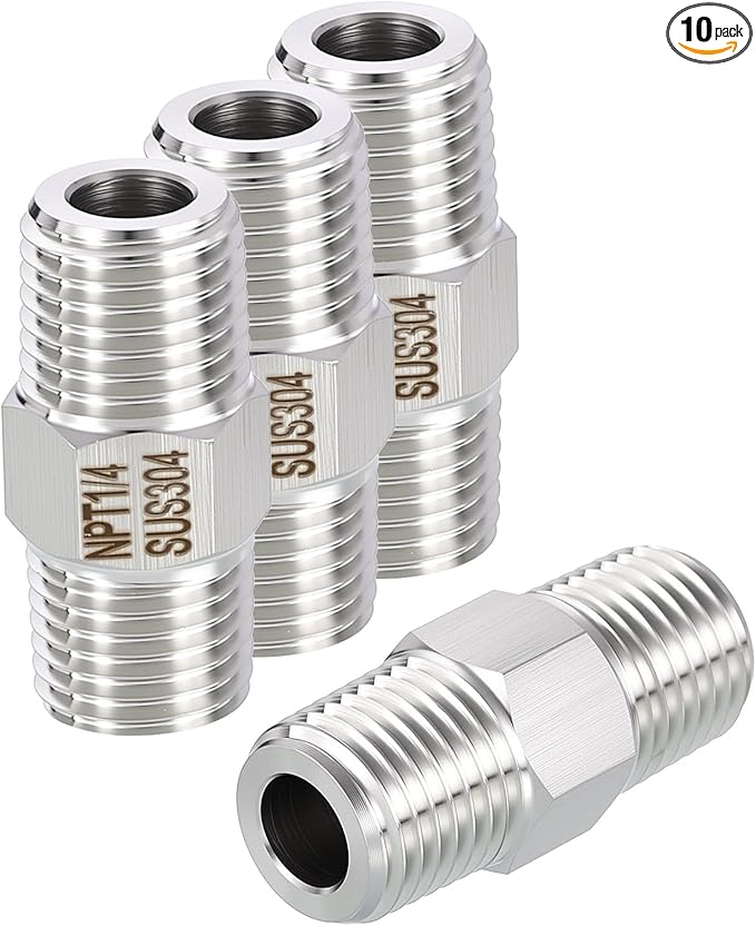 10 Pack 304 Stainless Steel Male to Male Adapter, 1/4" Male NPT x 1/4" Male NPT Hex Nipple Pipe Extension Fitting for Industrial, Automotive, Fluid Transfer, Home Gardening, Water