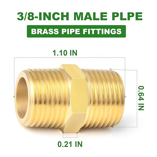 TAISHER 10PCS Brass Pipe Fitting Adapter, Hex Nipple,3/8-Inch Male Pipe x 3/8-Inch Male Pipe