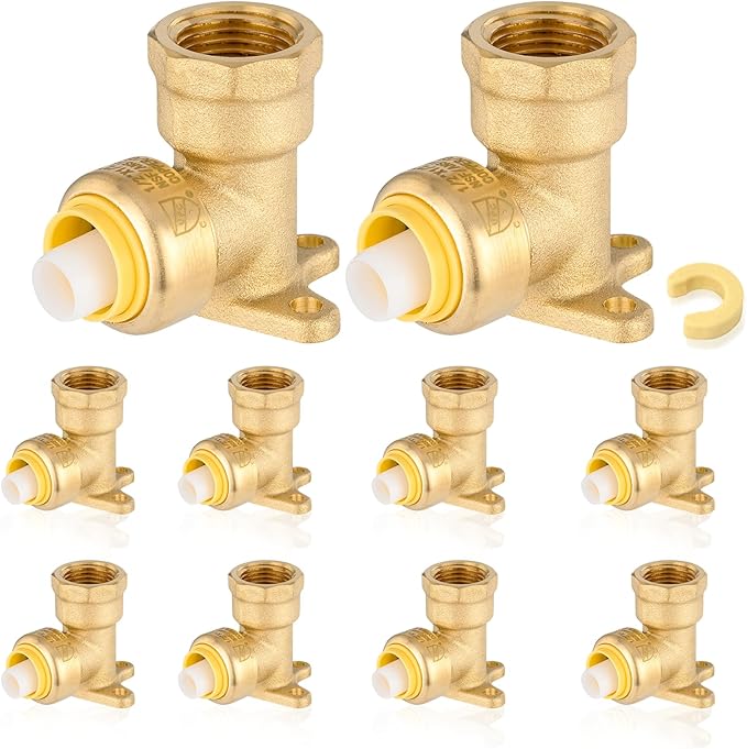 10-Pack HeSun Pushfit Drop-ear Elbow, 3/4" Female NPT x 3/4" Push to Connect Plumbing Fittings with Disconnect Clip, Brass Push-fit Fittings for PEX, Copper, CPVC, PE-RT Pipes(PF073)